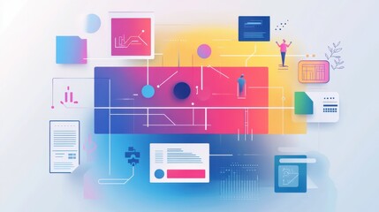 Poster - Colorful abstract illustration depicting data analysis and technology concepts with various charts and figures on a gradient background