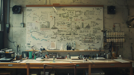 Poster - Scientist's Lab Wall: Covered in lab equipment, charts, and graphs, with a whiteboard filled with scientific equations and notes
