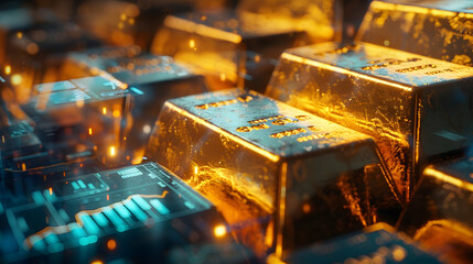 Poster - Shiny gold bars with holographic digital asset charts, showcasing the fusion of tangible and virtual wealth