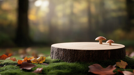 Wall Mural - Autumn wooden slab podium product presentation with  fallen leaves and small mushrooms in forest