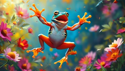 Joyful frog leaping amidst a vibrant explosion of spring flowers, celebrating the spirit of Happy Leap Day