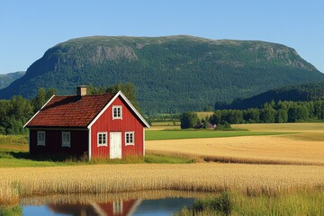 Poster - Idyllic Swedish Countryside Red Cottage, Mountain Vista, and Golden Fields of Rural Scandinavia