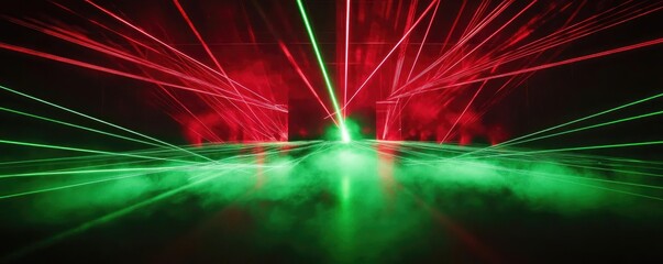 Poster - Dynamic laser beams in red and green create a striking visual effect over a hazy background, perfect for events and parties.