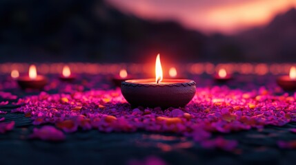 Wall Mural - Beautiful Diwali celebration featuring a central clay oil lamp, diya glowing softly atop floral-patterned rangoli made from vibrant pink and orange flower petals.