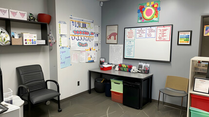 Poster - Speech Pathologist's Office Wall: Displaying speech therapy tools, language development charts, and a whiteboard with speech therapy goals