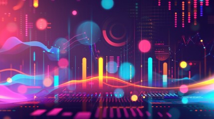 Poster - Vibrant abstract digital art depicting sound waves and colorful visualizations in a modern tech environment