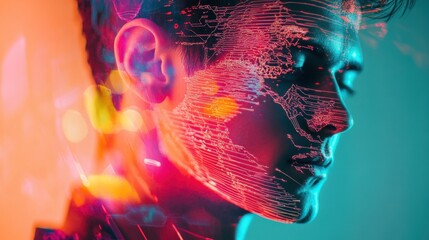 Poster - A close-up of a person's profile illuminated with colorful digital effects against a bright background