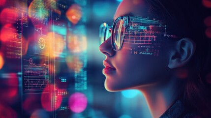Poster - A young woman with glasses engaged in digital analysis at night surrounded by vibrant colorful lights and data displays