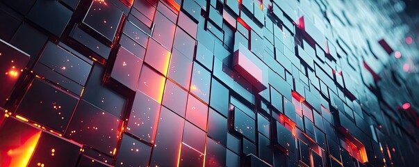 Poster - Dynamic illustration of interlocking cubes with glowing accents, creating a 3D visual effect in a futuristic digital environment.