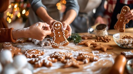 Children are decorating a gingerbread man cookie on christmas eve, surrounded by freshly baked christmas cookies and winter ingredients