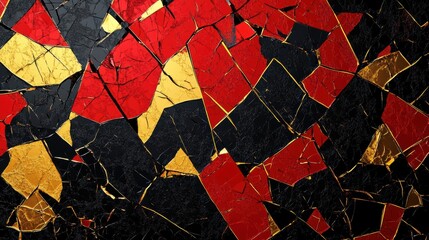 Poster - a vibrant abstract mosaic featuring red, black, and gold geometric shapes crafted from textured mate