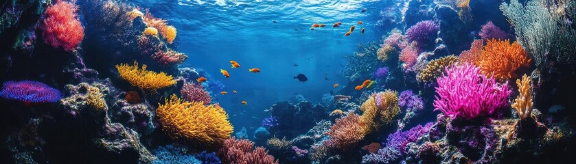 Vibrant underwater scene showcasing colorful coral reefs and diverse marine life in a crystal clear ocean environment.