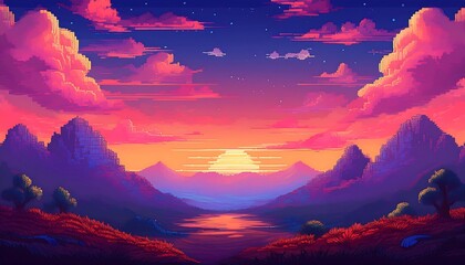 Wall Mural - Pixel Art Dusk Sky Poster - A pixelated sky featuring a gradient transition from vibrant orange and pink at the horizon to dark blue above, ideal for posters. Graphic art illustration. Ai Generated