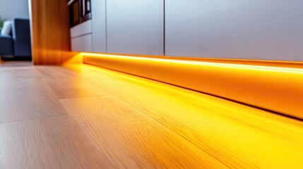 Poster - A close up of a lighted strip on the floor in front of some cabinets, AI