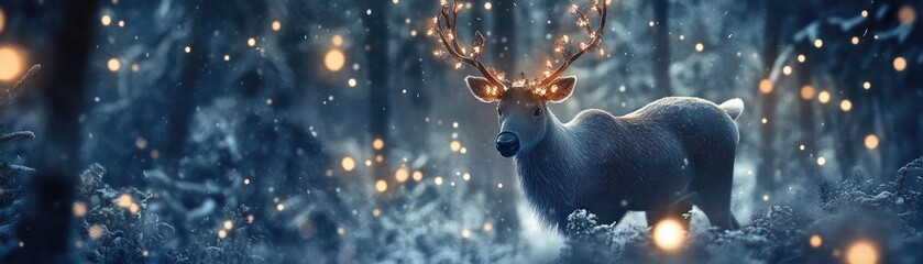 Poster - A majestic reindeer in a mystical forest illuminated by soft, glowing lights, creating a magical winter wonderland atmosphere.