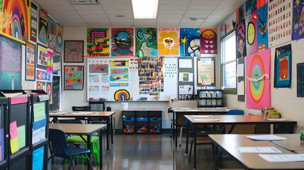 Poster - Teacher's Classroom Wall: Decorated with educational posters, student artwork, and a whiteboard with lesson plans