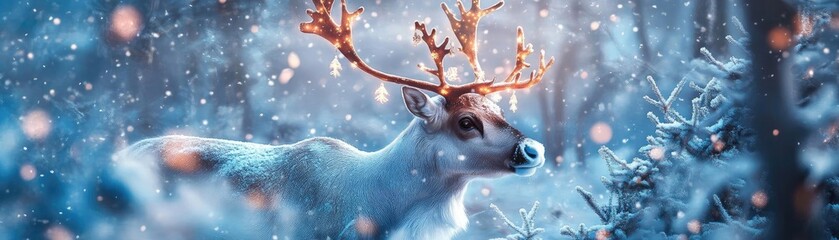 Poster - A serene winter scene featuring a majestic reindeer in a snowy forest, surrounded by falling snowflakes and a peaceful atmosphere.