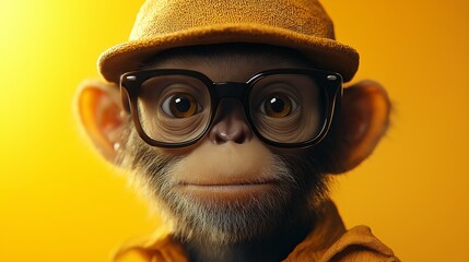 Wall Mural - A monkey wearing glasses and a yellow hat. The monkey is smiling and looking at the camera. The image has a playful and lighthearted mood