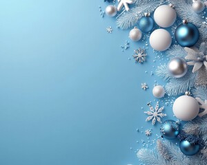 Wall Mural - Christmas blue background with Christmas balls and decorations located on the right side