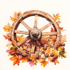 Sticker - Autumn Watercolor Illustration   Wooden Wheel  Fall Leaves  Pinecones