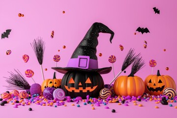 Wall Mural - Colorful Halloween accessories and decorations on pink background