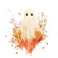 Sticker - Watercolor Ghost Illustration With Autumn Leaves