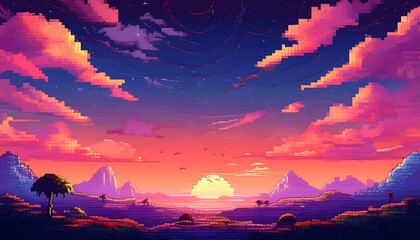 Wall Mural - Pixel Art Dusk Sky Poster - Pixelated background with a gradient from fiery orange and pink dusk to tranquil dark blue, designed for captivating posters. Graphic art illustration. Ai Generated