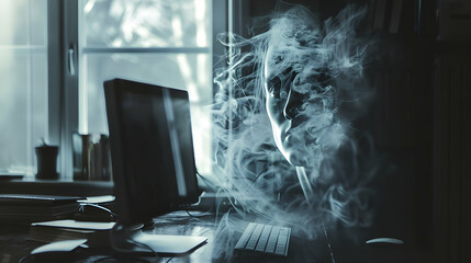 Poster - The Ambiguous Interface: A desktop with a hazy, distorted image of a human face, seemingly gazing back at the viewer.