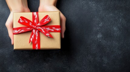 Golden gift box with red ribbon bow on dark background