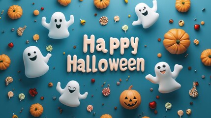 A vibrant Halloween banner displays playful letters saying Happy Halloween, surrounded by cheerful ghosts, pumpkins, and assorted candy delights