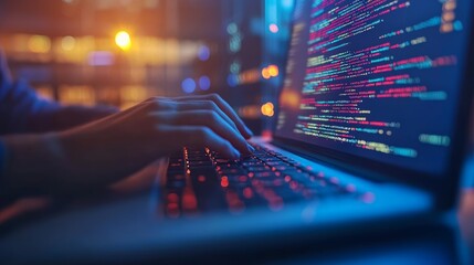 Poster - Close-up of hands typing code on a laptop with a glowing screen in a modern tech office. Focused software development