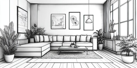 Line interior home art room design illustration outline sketch furniture 