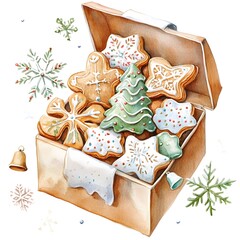 Watercolor Christmas Cookies in Wooden Box with Snowflakes