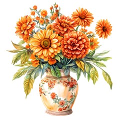 Sticker - Watercolor Painting of Orange Flowers in a Vintage Vase