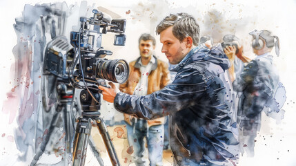 A filmmaker meticulously adjusts his camera gear while colleagues engage in various media activities at a busy urban event