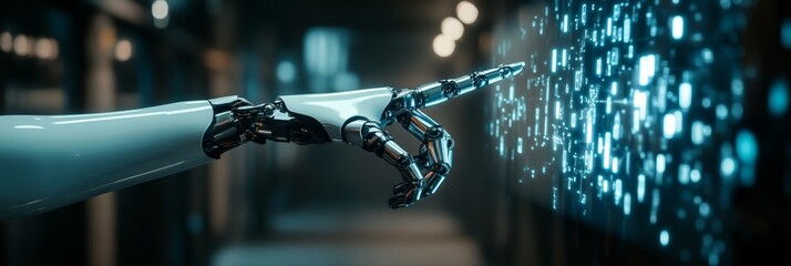 Poster - Robotic hand interacting with a digital holographic interface in a futuristic environment. AI and programming concept.