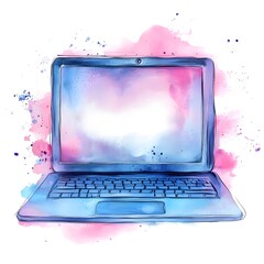 Wall Mural - Watercolor Laptop Illustration with Pink and Blue Splashes