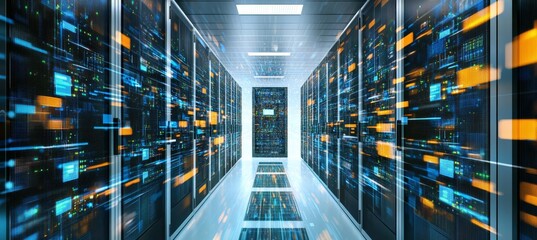 Poster - Server Room With Data Flow. Big Data Information, Cloud Computing Technology. Information Security