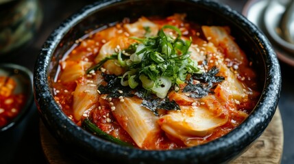 Wall Mural - Kimchi jjigae, a Korean stew made with kimchi, tofu, and vegetables, served in a black bowl with green onions and seaweed.