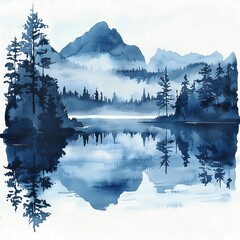 Wall Mural - Watercolor landscape abstract. Traditional Japanese ink wash painting. Rock mountains silhouette. Grey shades. Atmosphere calm. Space for text, cards, web.