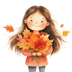 Canvas Print - Happy Girl Holding Autumn Leaves Watercolor Illustration