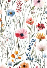 Wall Mural - The seamless watercolor pattern features floral fashion style and a repeating background with bright colors. The shapes are hand painted and the background is seamless.