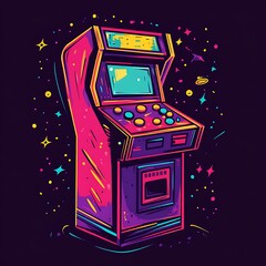 Poster - Retro Arcade Game Cabinet with Colorful Design and Starry Background