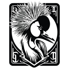 Crowned Crane bird in Tarot card black and white silhouette illustration