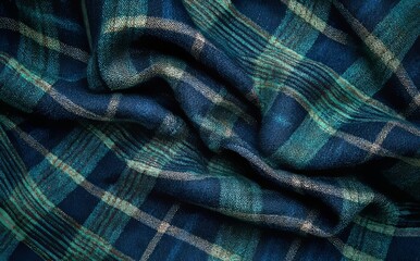 Woolen fabric with dark grey hue. Classic blue check. Geometric pattern in cashmere. Traditional Scottish Glen plaid. High-quality suit fabric.