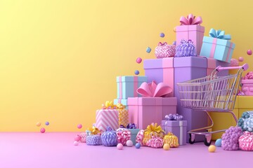 Canvas Print - Colorful birthday gifts, presents and party decorations on pink background