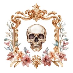 Watercolor Skull with Baroque Frame and Flowers