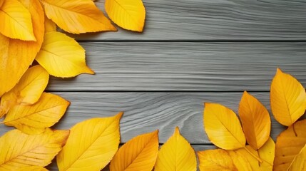 Canvas Print - A wooden background with yellow leaves on it, AI