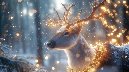 Poster - A majestic deer adorned with glowing lights, surrounded by a snowy forest, creating a magical winter atmosphere.