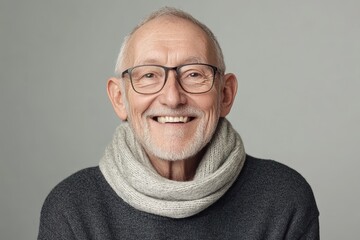 Wall Mural - Elderly Man With Glasses and Scarf Smiling. Generative AI.